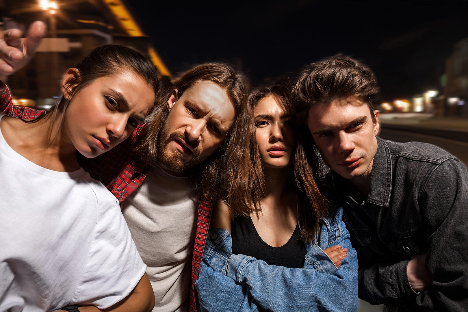 New background — urban setting added behind the group of people